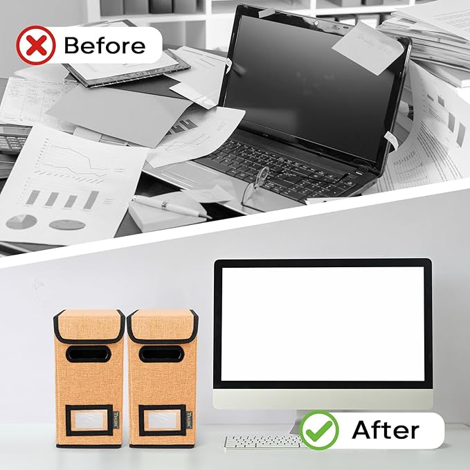 BALEINE File Organizer Box with Lid, Collapsible File Folder Organizer with Plastic Slide, Hanging File Folder Box for Office Document Storage (2 Pack, Orange, S) - Image 7