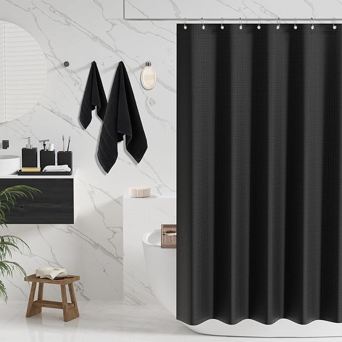 Resin Black Bathroom Sets, Black Bathroom Accessories Set with Shower Curtain, Bath Towel Set, Natural Loofah Sponge, Soap Dispenser, Toothbrush Holder, Bathroom Tumbler and Tray for Countertop - Image 2