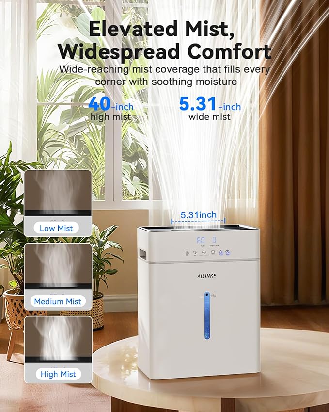 Humidifiers for Bedroom Large Room 10L/2.64Gal, Warm and Cool Mist Humidifier Large Room, Simulated Flame Humidifier Light, 12H Timer, 3 Speed, Top Fill, 1000sq.ft for Baby/Plant/Office - Image 4