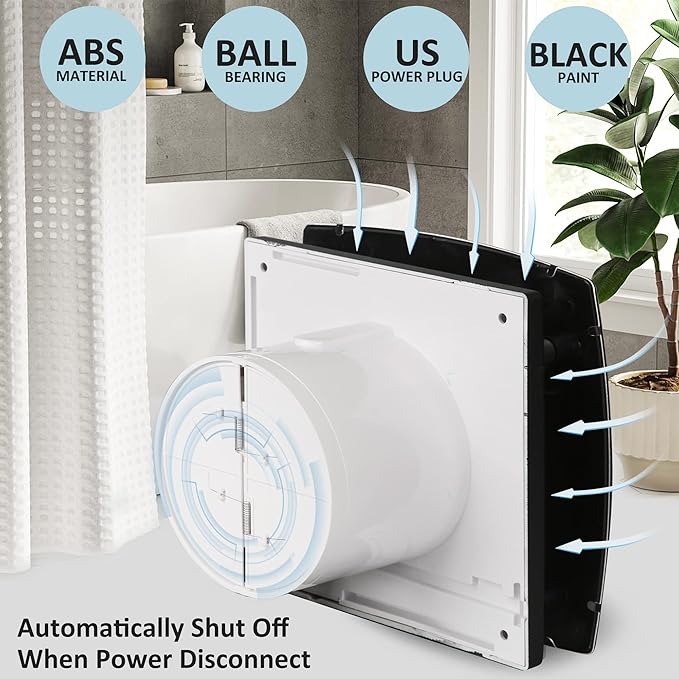 4in Black Bathroom Exhaust Fan for Window, 55CFM IPX4 ABS Plug-in Extractor Fan Attic Fan w/Anti-Backflow Damper for Toilet, Office, Kitchen, Garage (US Cord) - Image 5