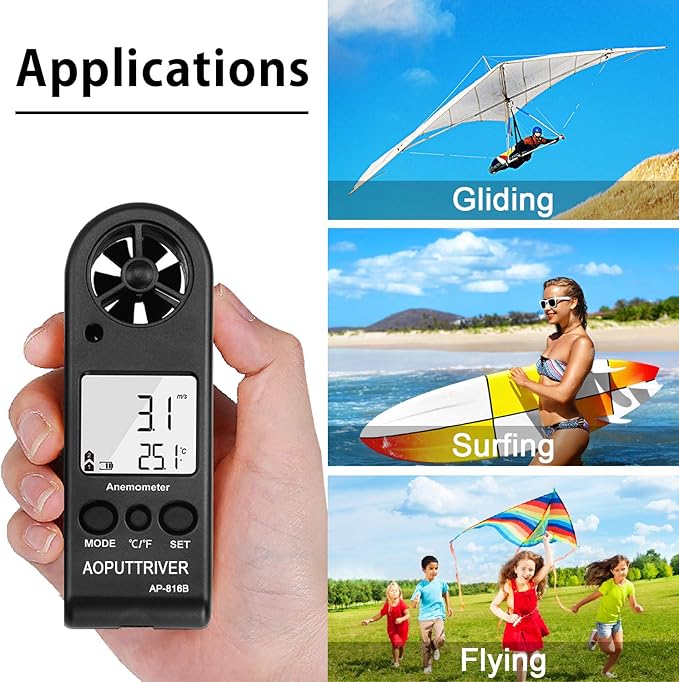 Anemometer Handheld Wind Speed Meter for Measuring Wind Speed Temperature and Max/Average/Current, High Precision Anemometer Measuring for Windsurfing Sailing Fishing Outdoor Activities - Image 6