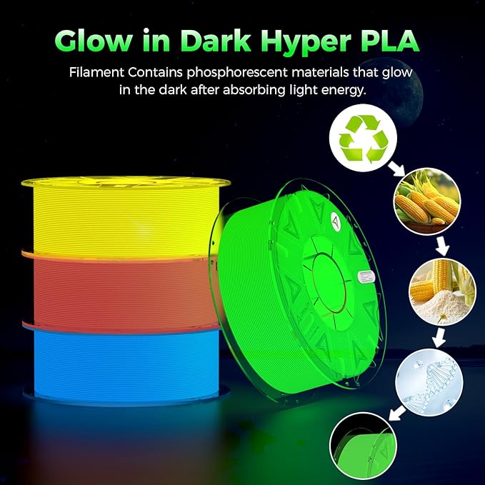Creality Glow in The Dark Hyper PLA Filament, 3D Printer Filament Bundle, Hyper PLA Filament 1.75mm, Dimensional Accuracy +/-0.02mm, Fit Most FDM 3D Printers, 4 Pack 1kg Spool(Pink,Blue,Yellow,Green) - Image 5