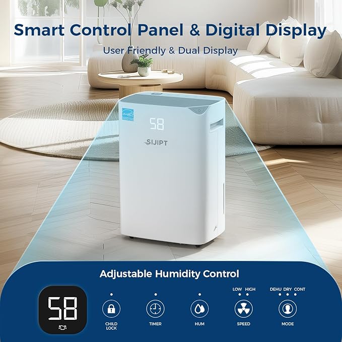 Dehumidifier for Basement with Drain Hose, 100 Pint 6,000 Sq. Ft Energy Star Dehumidifier for Large Home & Room, Quiet Dehumidifiers with Adjustable Humidity Control,24H Timer, 1.5 Gal Water Bucket - Image 6