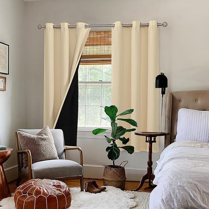 BGment Thermal Insulated 100% Blackout Curtains for Bedroom with Black Liner, Double Layer Full Room Darkening Noise Reducing Grommet Curtain (42 x 63 Inch, Natural, 2 Panels) - Image 2