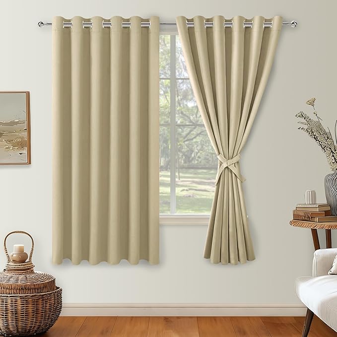 Hiasan Grommet Blackout Curtains for Bedroom, 70 x 63 Inches - Thermal Insulated & Light Blocking Window Drapes for Living Room/Dorm Room, Set of 2 Panels Sewn with Tiebacks, Light Beige by Hiasan