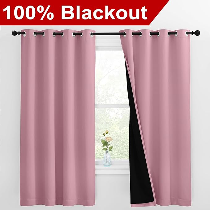 NICETOWN 100% Blackout Curtains with Black Liners, Thermal Insulated Full Blackout 2-Layer Lined Drapes, Energy Efficiency Window Draperies for Bedroom (Crystal Pink, 2 Panels, 55-inch W by 68-inch L) - Image 2