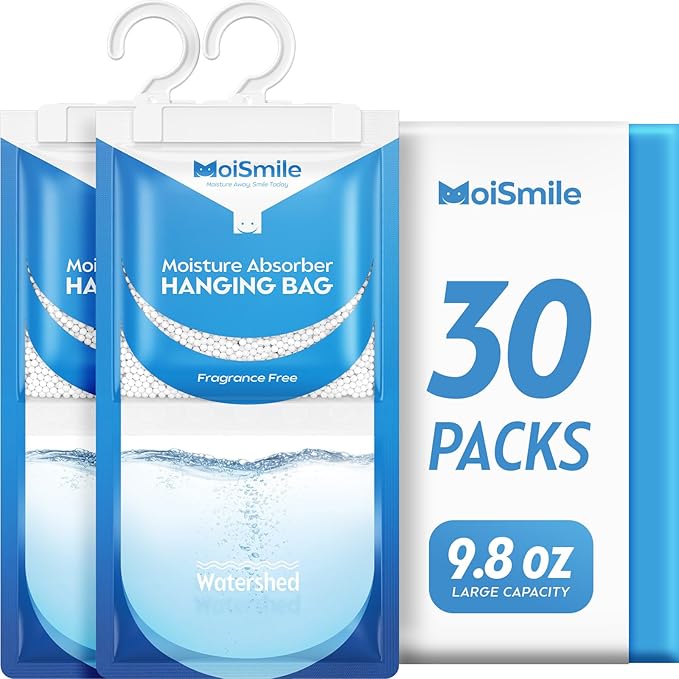 Moisture Absorbers 30 Pack Fragrance Free, Hanging Closet Dehumidifier Bags, Humidity Absorber, Compact Eliminates Odors Humidity Packs for Car, Bathroom, Bedroom, Basement, 9.8OZ by MoistureAbsorbers