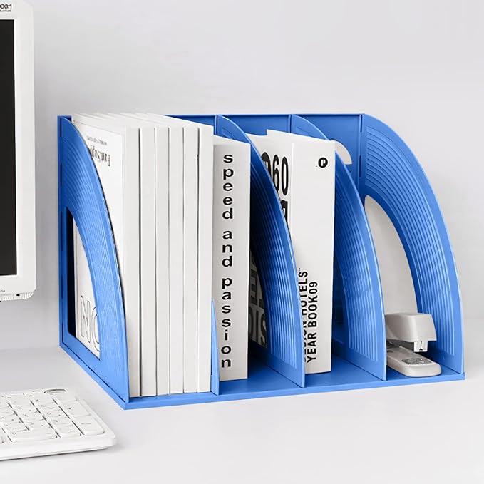 SAYEEC Sturdy Magazine Holder Plastic 4 Compartment Desk File Organizer Vertical Documet A4 File Divider Paper Storage Magazine Rack for Office Home School Organizer Box(Bule) - Image 6