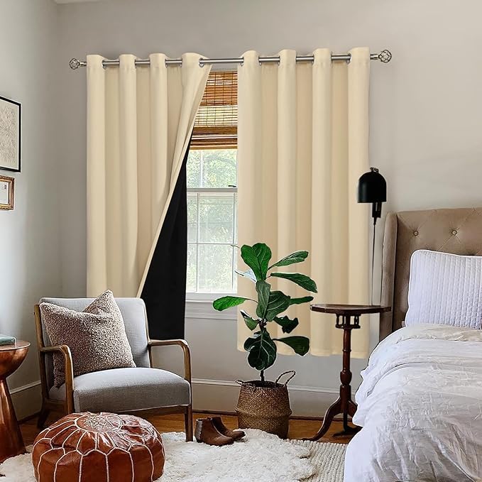 BGment Thermal Insulated 100% Blackout Curtains for Bedroom with Black Liner, Double Layer Full Room Darkening Noise Reducing Grommet Curtain (52 x 63 Inch, Natural, 2 Panels) - Image 2