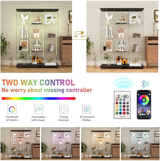 Yoluckea 4 Tiers Glass Display Cabinet Extra Large with Bluetooth LED Light Strip, 2 Doors Floor Standing Curio Cabinet with Universal Wheel for Home, Black Glass Bookshelf for Collections, Wood Top - Image 3