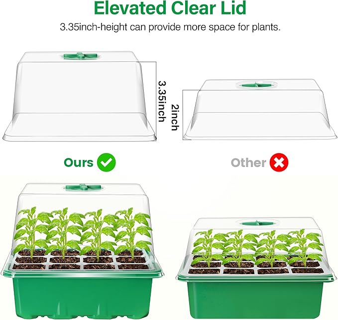 Bonviee 5 Packs Seed Starter Tray with Plant Light, Elevated Seedling Starter Trays Kits with Adjustable Humidity Domes and Clear Cell Tray, 12 Full Spectrum led lamp Beads for Plants Indoor-Green - Image 4