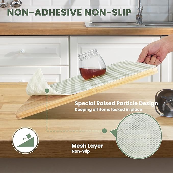 Drawer Liner and Shelf Liner for Kitchen Cabinet Liner Non-Adhesive Non-Slip Shelf Paper, Thick Strong Grip Waterproof Easy to Clean for Shelves, Cupboard, Desks, Green Plaid Pattern, 23.6 in x 20 FT - Image 2