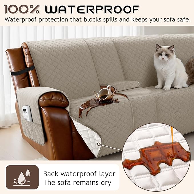 Arfntevss Waterproof Recliner Sectional Couch Covers for Reclining L Shape Sofa Cover Non Slip Washable L Shaped Slipcover Sets for Dog Furniture Protector (5 Seat with 1 Console Cover, Light Khaki) - Image 2