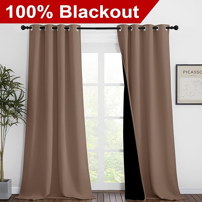 NICETOWN Room Warming Complete Blackout Shades for Large Window Door, 100% Blackout Window Curtain Panels with Black Lined, 46 inches Width Each Panel, 90 inches Length, Cappuccino, Double Pieces - Image 2