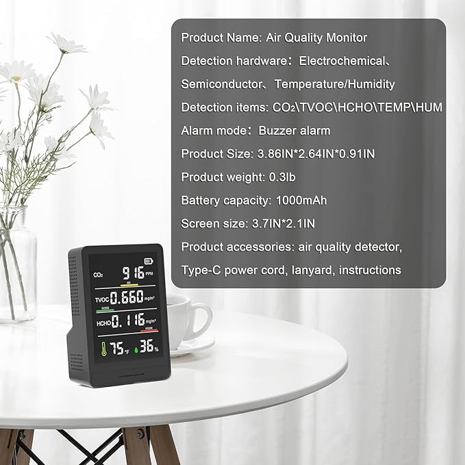5-in-1 Professional Indoor Air Quality Monitor Indoor Portable CO2 Monitor | Temperature | Formaldehyde Detector | Humidity TVOC | Air Quality Tester - Confined Space Clean Air Monitor (Ruby Black) - Image 7