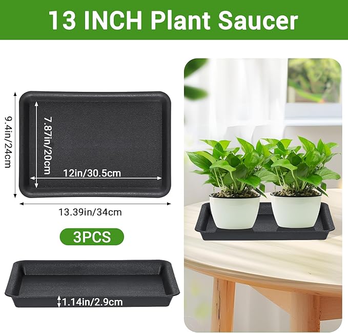 GREANER Plant Saucer Tray Rectangular, Heavy Sturdy Plastic Plant Drainage Trays, Plant Pot Drainage Tray for Indoor Outdoor, Plant Drip Trays for Pots, Seed Starter Growing Tray(13 x 9 inch, Black) - Image 2