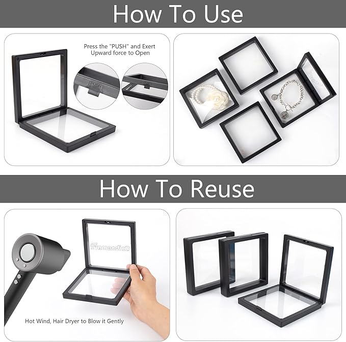 Framendino, 20 Pack Black 3D Floating Frame Display Case Challenge Coin 4.3x4.3x0.8 Holder Stands Jewelry Storage Box for AA Medallion Shells Gems - Image 4