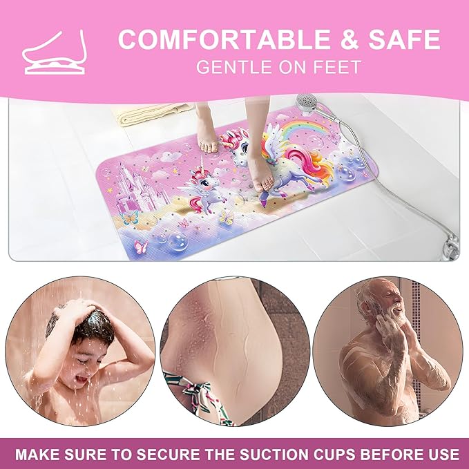 XIYUNTE Baby Bath Mat for Tub Non Slip Kids Bath Mat - 40''x16'' Extra Long Cartoon Bathtub Mat Non Slip Kids Shower Mat Eco-Friendly Toddler Bath Mats with Suction Cups, Machine Washable, Unicorn - Image 4