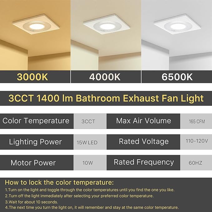 Bathroom Exhaust Fan with Light: 165CFM Shower Bathroom Vent Fan with 11.8IN 15w Led Light Combo Quiet 1.2 Sones Bath Ceiling vent with Adjustable Led Light 3000k/4000k/6500k For Home Bath - Image 4