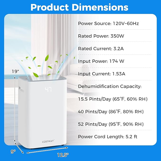 COSTWAY 52 Pint Dehumidifier for Basement, 3.3 FT Drain Hose, Clothes Drying Modes, Auto Defrost, Child Lock & 24H Timer, Home Dehumidifier for Bedroom, Bathroom, Garage - Image 7