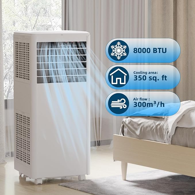 GarveeLife 8,000 BTU Portable Air Conditioner – 3-in-1 AC Unit with Dehumidifier & Fan, Quiet Cooling, Remote, 24H Timer, Window Kit, Cools Up to 350 Sq.Ft – White Top Cover + Black Nameplate - Image 5