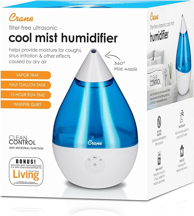Crane Droplet Ultrasonic Teardrop Cool Mist Air Humidifier, 0.5 Gallon for Bedroom and Office, Blue and White, Nursery Humidifier - Image 9