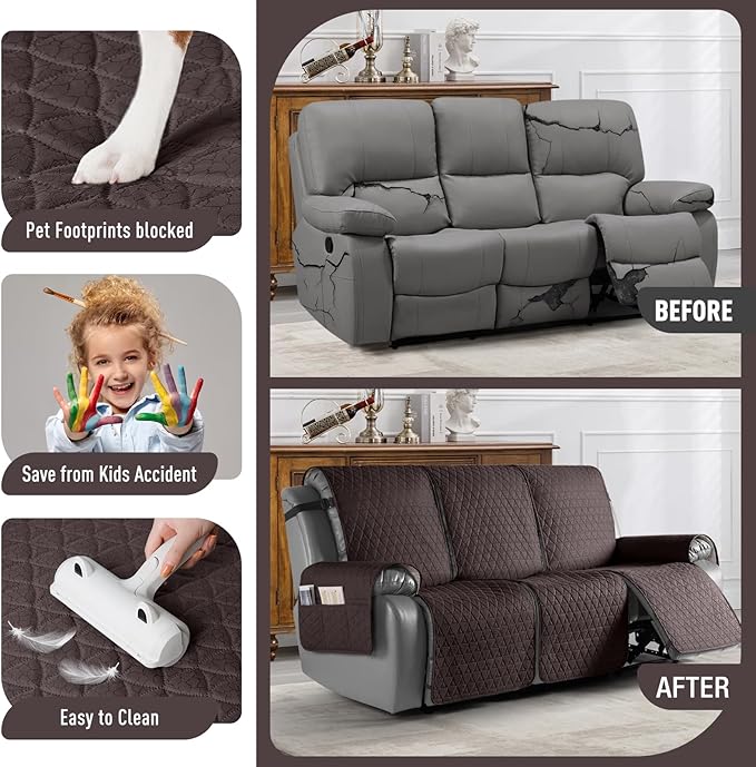 TAOCOCO 100% Waterproof Recliner Cover, Non-Slip Washable Reclining Couch Cover with Elastic Leg Straps, Furniture Protector for Dogs (Chocolate, 3 Seater) - Image 2