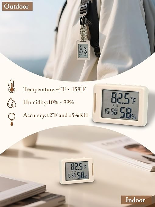 Mini Humidity Meter Indoor Outdoor Hygrometer Thermometer Portable Room Temperature Monitor with Small Digital Clock, Thermometer and Humidity Gauge for Camping Cellar Closet Home Christmas Gifts - Image 4