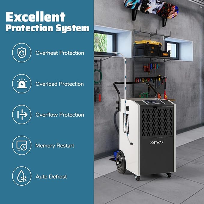 COSTWAY 154 Pints Commercial Dehumidifier with Pump, Portable Industrial Heavy Duty Large Dehumidifier with Drain Hoses for Basements, Job Sites (White) - Image 6