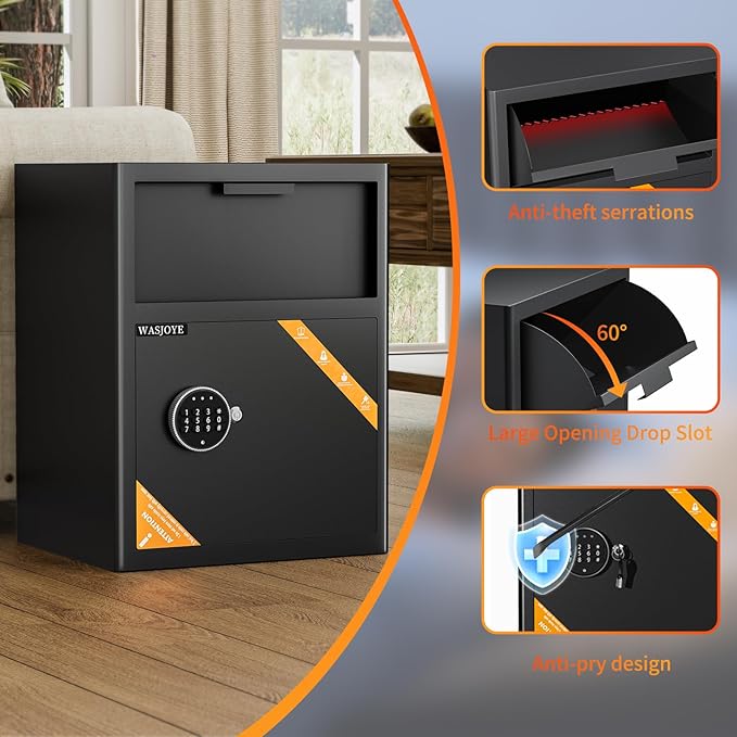 WASJOYE Depository Drop Cabinet Safe - 2.6 Cubic Feet Large Size with Digital Keypad Lock and Anti Theft, Business Security Safe Box with Alarm Function, Large Drop Slot Box for Cash Slip Office Home - Image 2