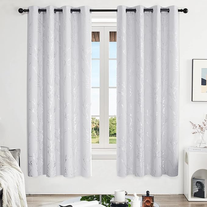 Deconovo Greyish White Curtains, Room Darkening Curtain, Thermal Insulated Soundproof Drapes, Silver Branch Print, 52 x 72 Inch Long, Grommet Window Panels for Living Room Bedroom Nursery, Set of 2 - Image 2