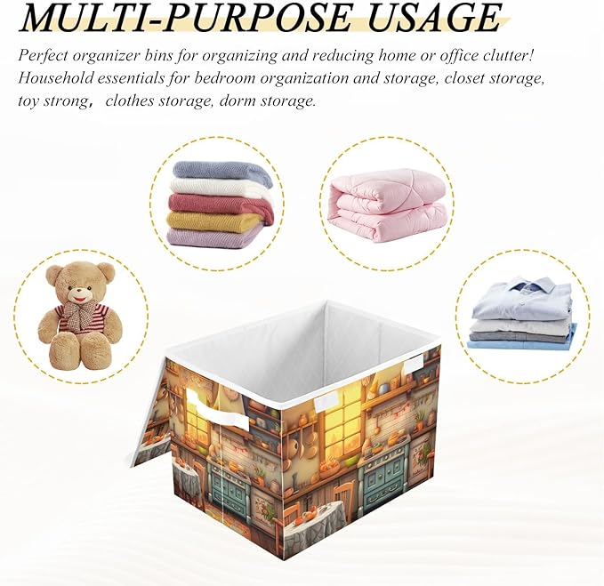 xigua Rustic Kitchen Pattern Storage Bins with Lids and Carrying Handle,Foldable Storage Boxes Organizer Containers Baskets Cube with Cover for Home Bedroom Closet Office - Image 7