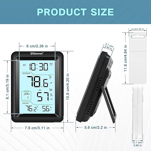 Geevon Wireless Indoor Outdoor Thermometer & Hygrometer with Remote Sensor – Digital Temperature & Humidity Monitor, Alarm, Snooze, 10s Backlight - Image 3