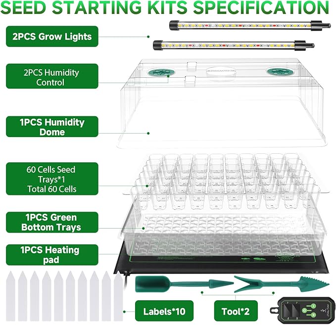 Large Seed Starter Tray with Grow Light and Thermostat Controller Heat Mat, 10"x 20.75" Heat Mats for Plant Growing，68-113°F Adjustable，Color Change Grow Lights，Germination Trays Kits - Image 5