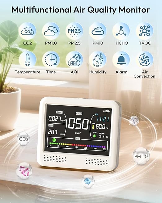 Air Quality Monitor Indoor, 16 in 1 Air Quality Tester for CO2 Monitor, TVOC, PM1.0 PM2.5 PM10, HCHO Temperature Humidity & Time, AQI Monitor with Alerts for Home (PureWhite) - Image 2