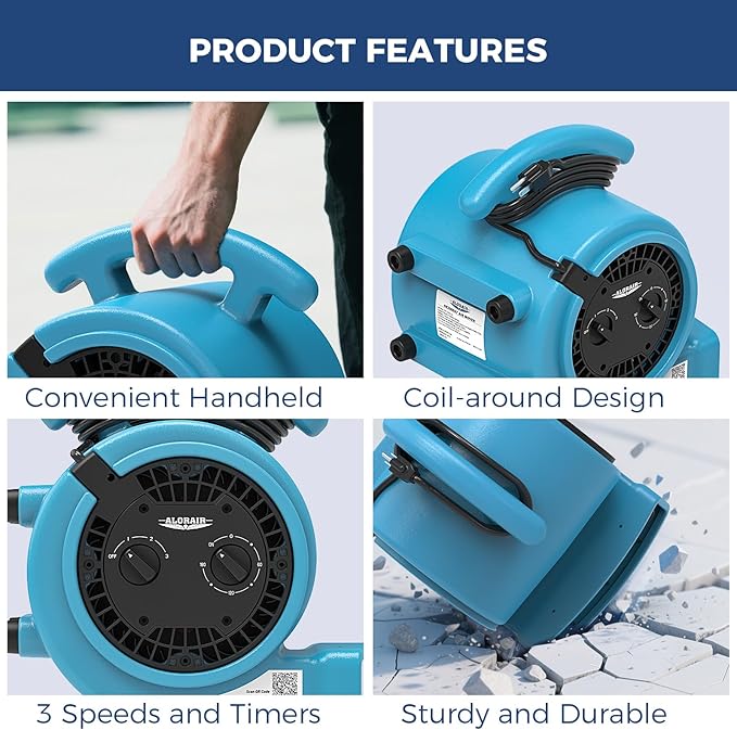 ALORAIR 1000 CFM Air Mover Blower Fan for Drying, Ventilating, Exhausting, Cooling, Utility Timer Fan with 3 Speeds, 5 Adjustable Angles, 20ft Long Cord for Home, Industrial, Commercial Use - GE1000T - Image 7