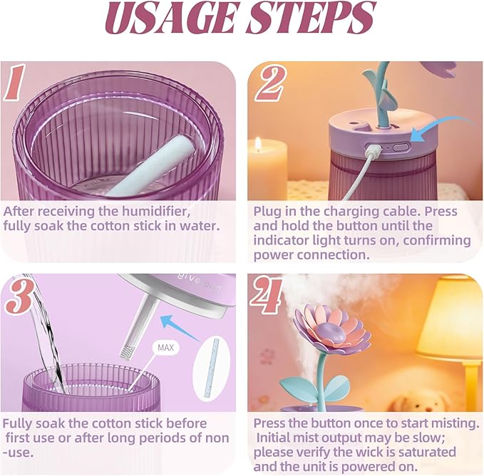 Cute Mini Humidifier 320mL Cool Mist Humidifie mute with 2 Mist Modes,for Home/Nursery/Office,Portable Mini Air Moisturizer,rechargeable mini humidifier(Sunflower Purple) - Image 2