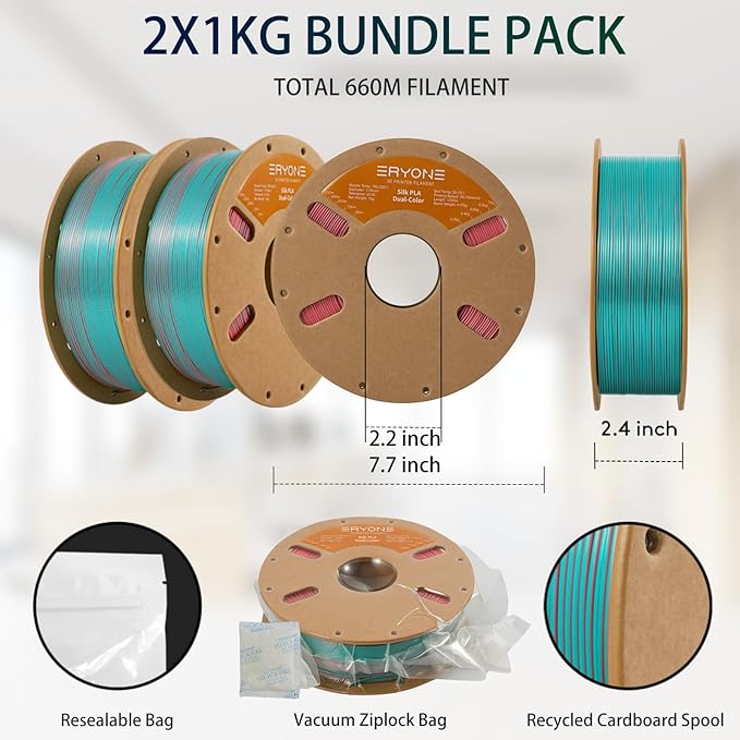ERYONE Silk Dual Color PLA Filament 3D Printer 1.75mm +/- 0.03mm, Bicolor Filament Two Tone PLA Bundle 2KG Cardboard Spool, Teal&Orange Red - Image 6