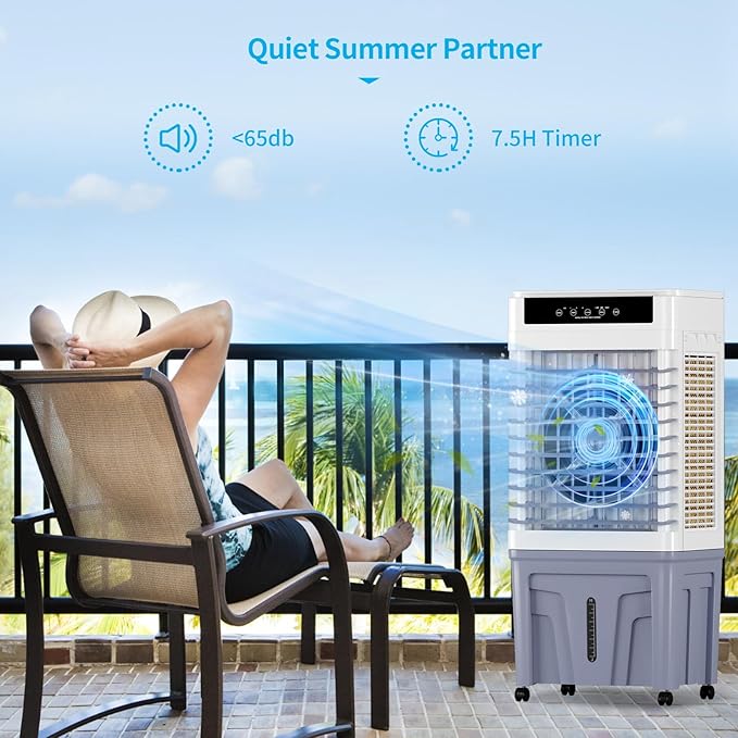 TABU 3531CFM Evaporative Air Cooler, 3-in-1 Portable Swamp Cooler with 11.9-Gal Water Tank, Cooling,Fan & Humidifier,120° Oscillation,3 Wind Speeds,7.5H-Timer,Remote Control,Ice Packs,Grey - Image 6