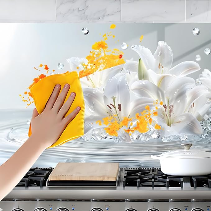 NYZE Kitchen Backsplash Stickers Waterproof Stove Backsplash Protector, 30 X 16 inch Removable Kitchen Wallpaper with Wall Art Decor for Stove Cooking Area(White Lily) - Image 6