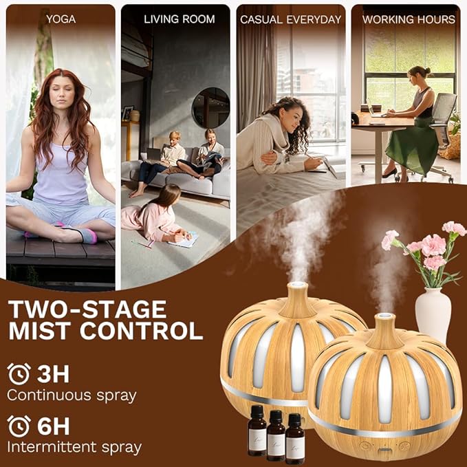 Essential Oil Diffuser 300ml for Home Bedroom, Aromatherapy Oil Diffuser with 3H 6H Timer, 7 Color Light, USB Type-C, Pumpkin Design, Auto Shut-Off(Light Woodgrain, Pumpkin) - Image 7