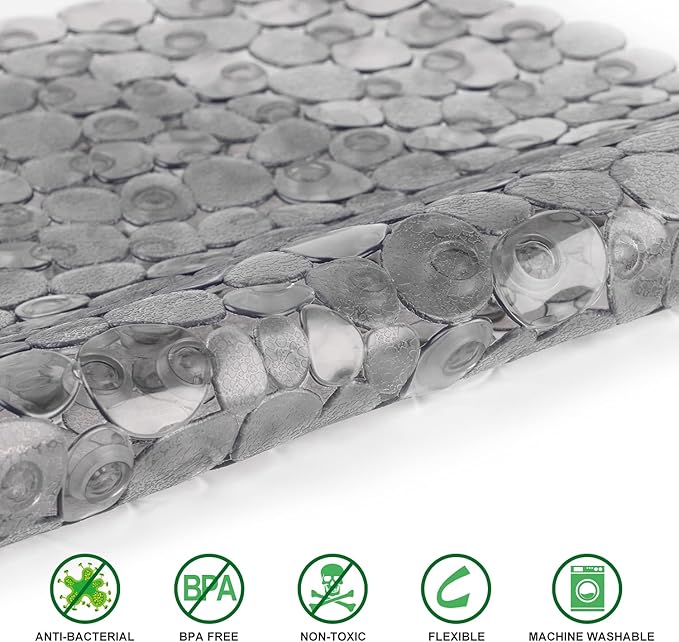 WELTRXE Pebbles Bathtub Mat Non Slip Oval Shower Mat with Suction Cups, Drain Holes, 27 x 14 Inch Plastic Bathroom Tub Mats Machine Washable, BPA, Latex Free Safety Mat for Bath Tub, Clear Gray - Image 2