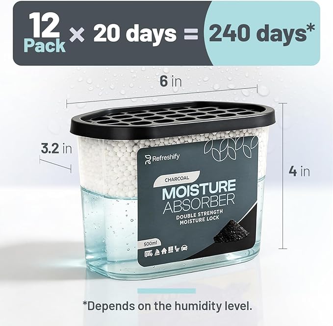 Premium Moisture Absorbers and Dehumidifier Tubs – High-Efficiency Closet Dehumidifier and Dehumidifier for Car, Odor Control Charcoal, 12 Pack, 7.5 Oz - Image 8