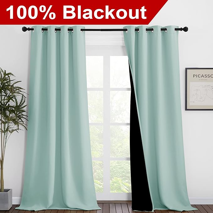 NICETOWN Aqua Blue Blackout Curtains 90 inches Long, Full Light Blocking Drapes with Black Liner for Nursery, Thermal Insulated Draperies for Hall, Villa (2 Pieces, 46" Wide Each Panel) - Image 2