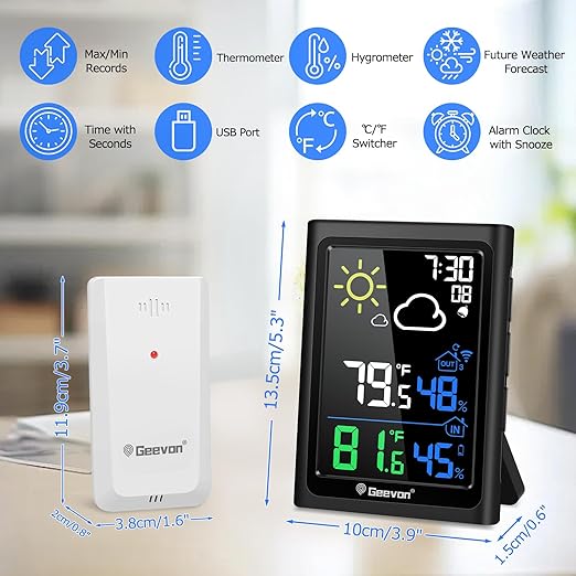 Geevon Indoor Outdoor Thermometer Wireless Weather Station with Color Display, Digital Hygrometer Temperature Humidity Monitor with Alarm Clock and Backlight - Image 6