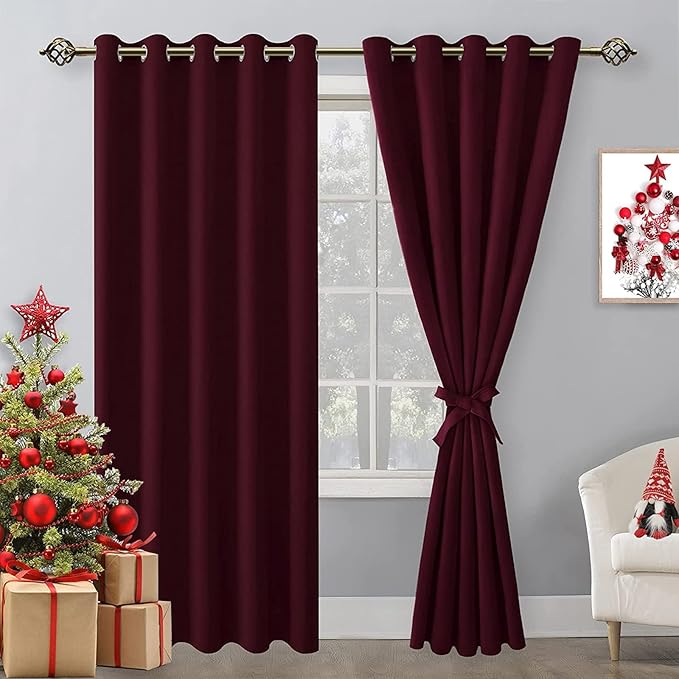 Hiasan Grommet Blackout Curtains for Bedroom, 60 x 72 Inches - Thermal Insulated & Light Blocking Window Drapes for Living Room/Dorm Room Christmas Decor, Set of 2 Panels Sewn with Tiebacks, Burgundy by Hiasan