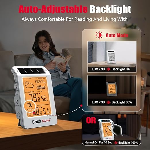 BaldrTherm Wireless Weather Station, Dual-Zone Indoor & Outdoor/Childroom Temp Humidity Monitor, Auto Smart Backlight,Temp/Humidity/Barometric Trend Visualization, White&Orange - Image 3