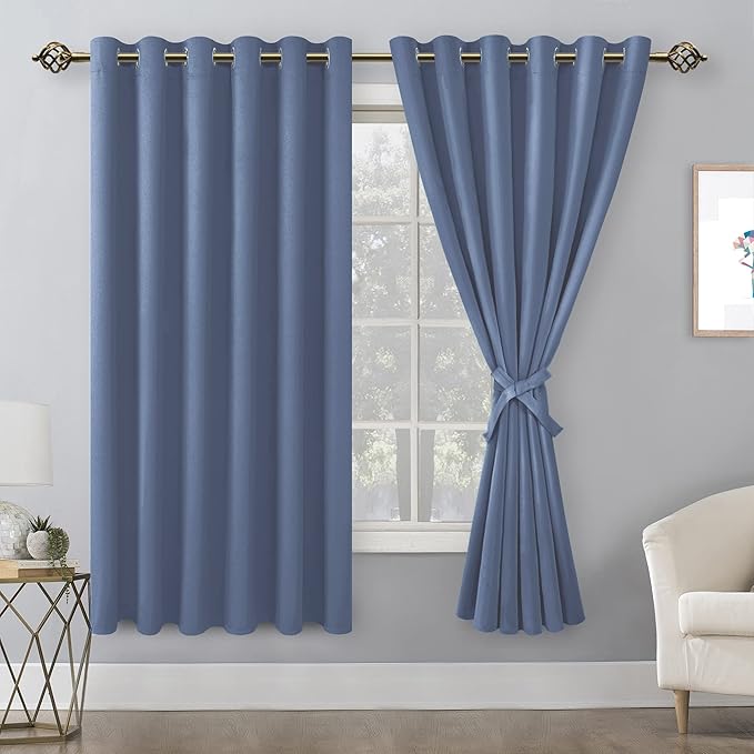 Hiasan Grommet Blackout Curtains for Bedroom, 70 x 63 Inches - Thermal Insulated & Light Blocking Window Drapes for Living Room/Dorm Room, Set of 2 Panels Sewn with Tiebacks, Blue Haze - Image 2