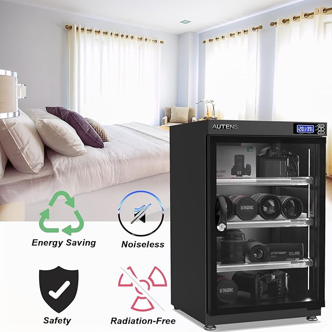 AUTENS 80L Dehumidifying Dry Cabinet Box, Digital Control Noiseless and Energy Saving, 4 Layers for DSLR SLR Camera Lens and Electronic Equipment Storage,Temperature Humidity LED Dual Screen - Image 4