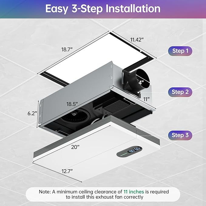 Bathroom Exhaust Fan with Heater, Light, Bluetooth Speaker, Odor & Humidity Sensors, 230 CFM Quiet Ceiling Fan with 3 Dynamic RGB Lighting, 3CCT - Remote App Control - Compatible with Alexa - Image 9